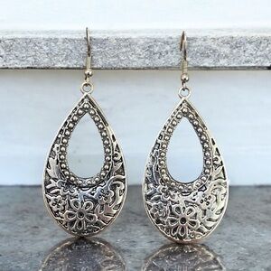 Large Silver Teardrop Wire Earrings with Intricate Floral Beaded Design
